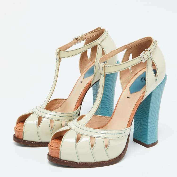 Pre Owned Fendi Off-white/Blue Patent Leather T-Strap Platform Sandals Size 36.5