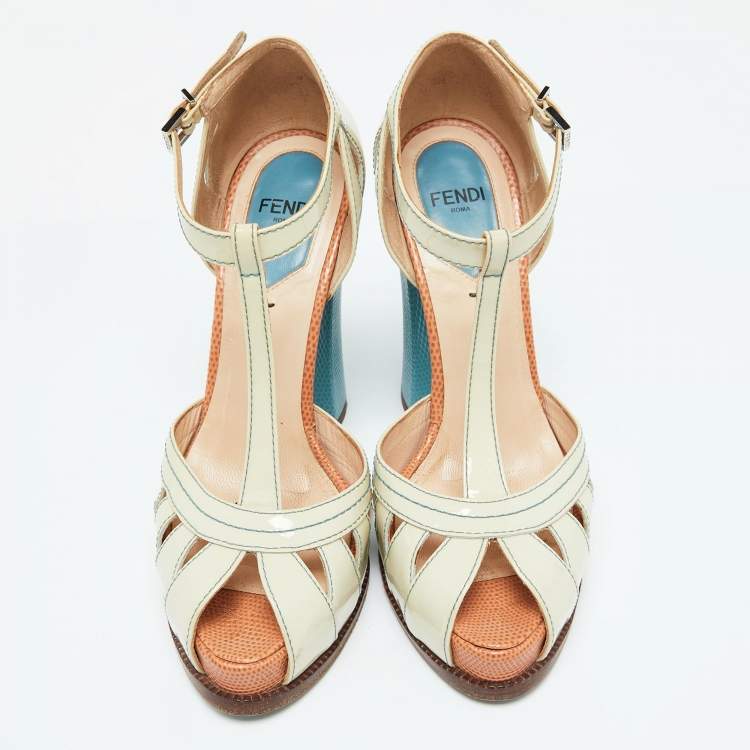 Pre Owned Fendi Off-white/Blue Patent Leather T-Strap Platform Sandals Size 36.5