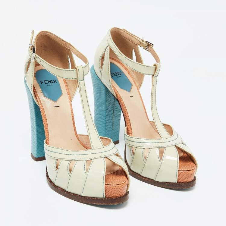 Pre Owned Fendi Off-white/Blue Patent Leather T-Strap Platform Sandals Size 36.5