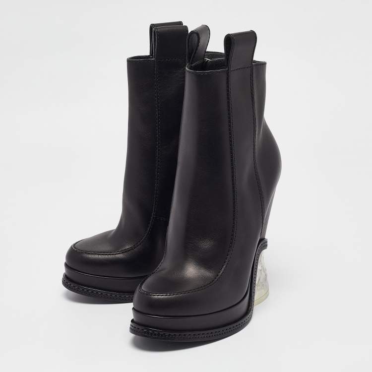 Pre Owned Fendi Black Leather Zip Up Ankle Length Boots Size 36