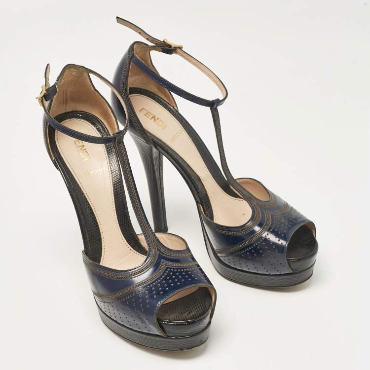Pre Owned Fendi Navy Blue Leather Ankle Strap Sandals Size 37.5
