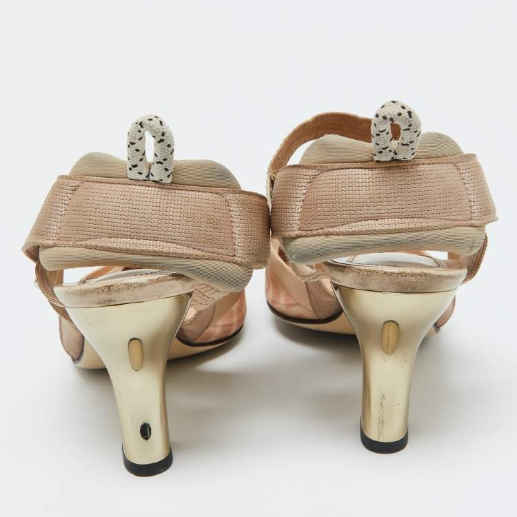 Pre Owned Fendi Beige Mesh and Fabric Colibri Pointed Toe Slingback Pumps Size 36.5