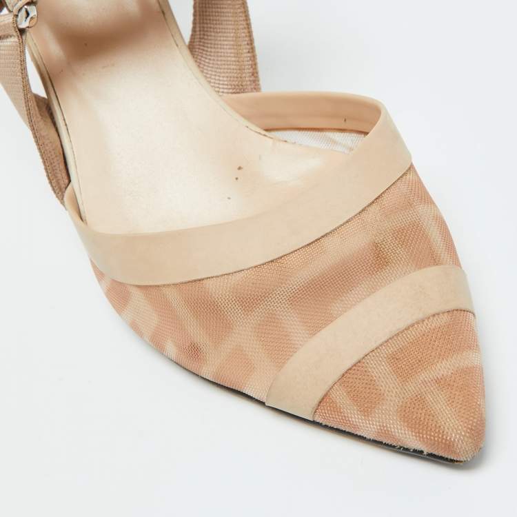 Pre Owned Fendi Beige Mesh and Fabric Colibri Pointed Toe Slingback Pumps Size 36.5