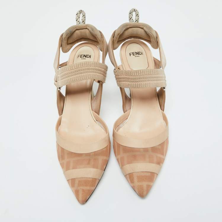 Pre Owned Fendi Beige Mesh and Fabric Colibri Pointed Toe Slingback Pumps Size 36.5