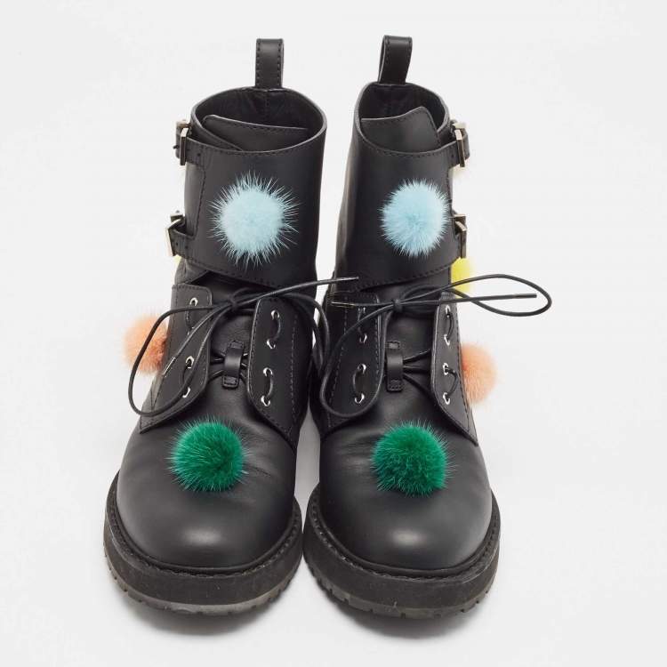 Pre Owned Fendi Black Leather and Mink Pompoms Biker Boots Size 39