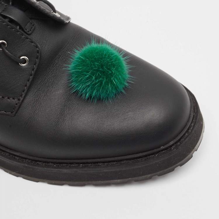 Pre Owned Fendi Black Leather and Mink Pompoms Biker Boots Size 39