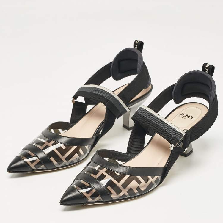 Pre Owned Fendi Black Zucca PVC and Leather Colibri Slingback Pumps Size 40