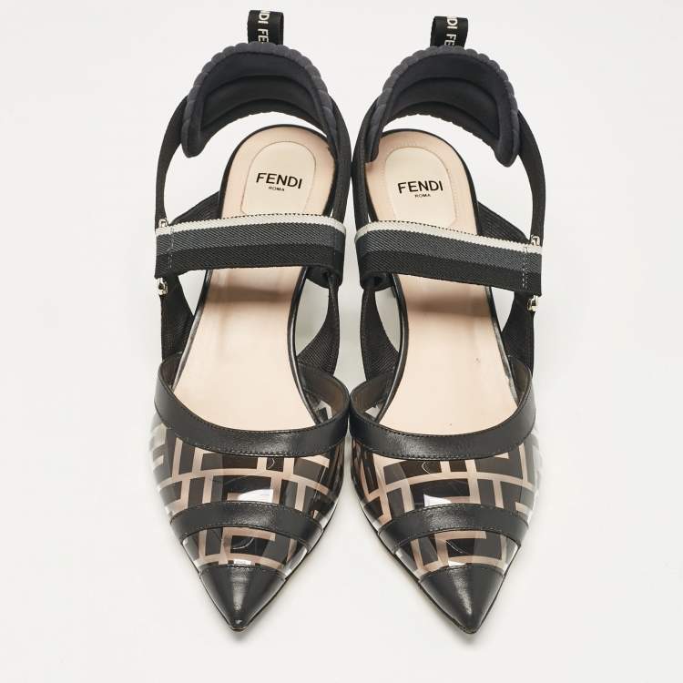 Pre Owned Fendi Black Zucca PVC and Leather Colibri Slingback Pumps Size 40