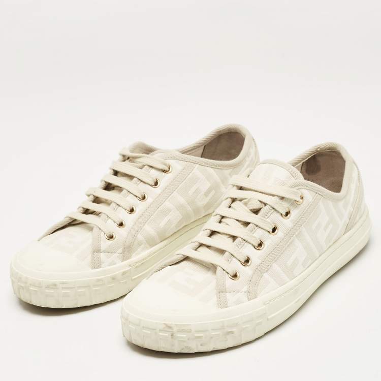 Pre Owned Fendi Grey FF Canvas Domino Lace Up Sneakers Size 38