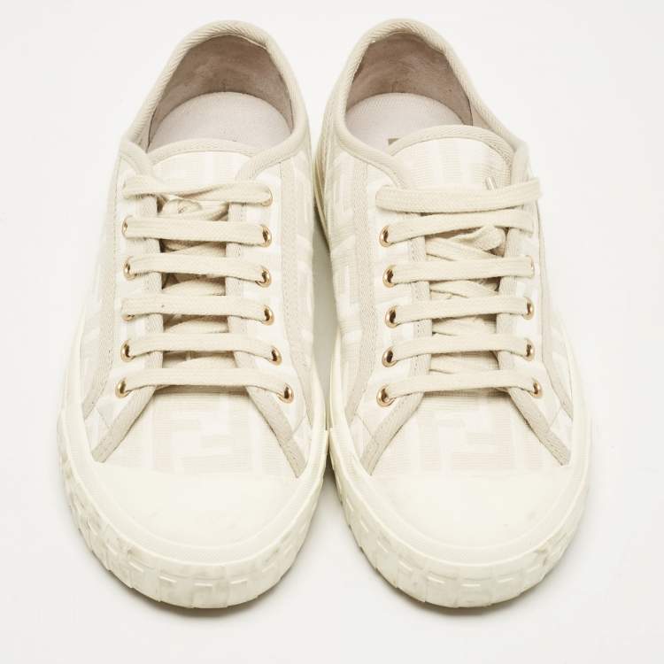 Pre Owned Fendi Grey FF Canvas Domino Lace Up Sneakers Size 38