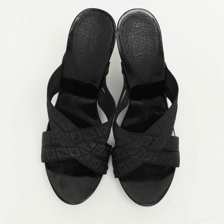 Pre Owned Fendi Black FF Canvas Criss Cross Slide Sandals Size 39