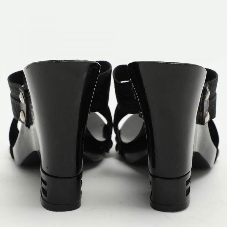 Pre Owned Fendi Black FF Canvas Criss Cross Slide Sandals Size 39