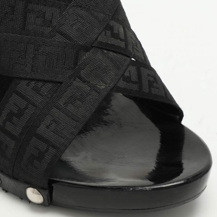 Pre Owned Fendi Black FF Canvas Criss Cross Slide Sandals Size 39