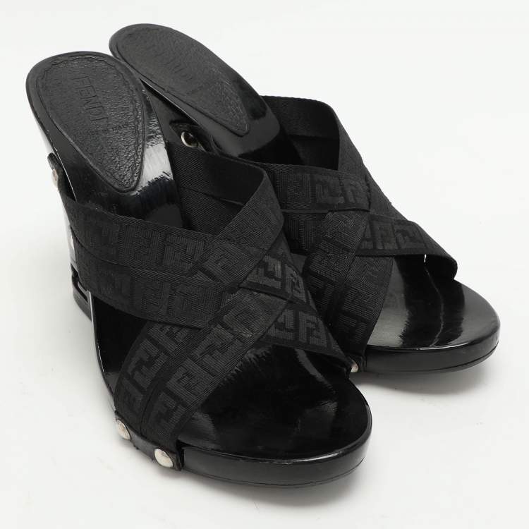Pre Owned Fendi Black FF Canvas Criss Cross Slide Sandals Size 39