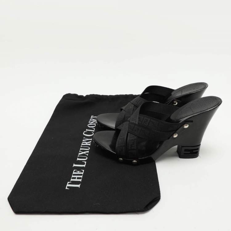 Pre Owned Fendi Black FF Canvas Criss Cross Slide Sandals Size 39