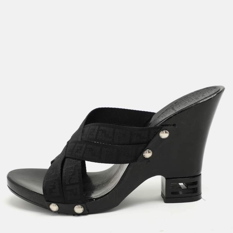 Pre Owned Fendi Black FF Canvas Criss Cross Slide Sandals Size 39