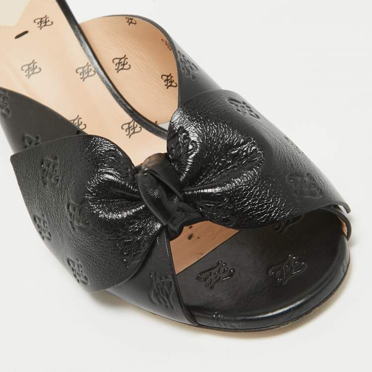 Pre Owned Fendi Black Leather FF Karligraphy Bow Slide Sandals Size 40