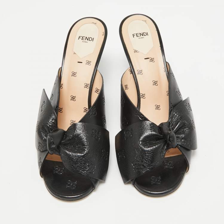 Pre Owned Fendi Black Leather FF Karligraphy Bow Slide Sandals Size 40