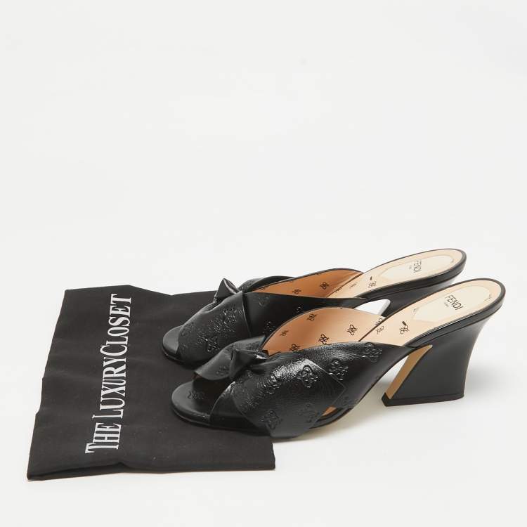 Pre Owned Fendi Black Leather FF Karligraphy Bow Slide Sandals Size 40