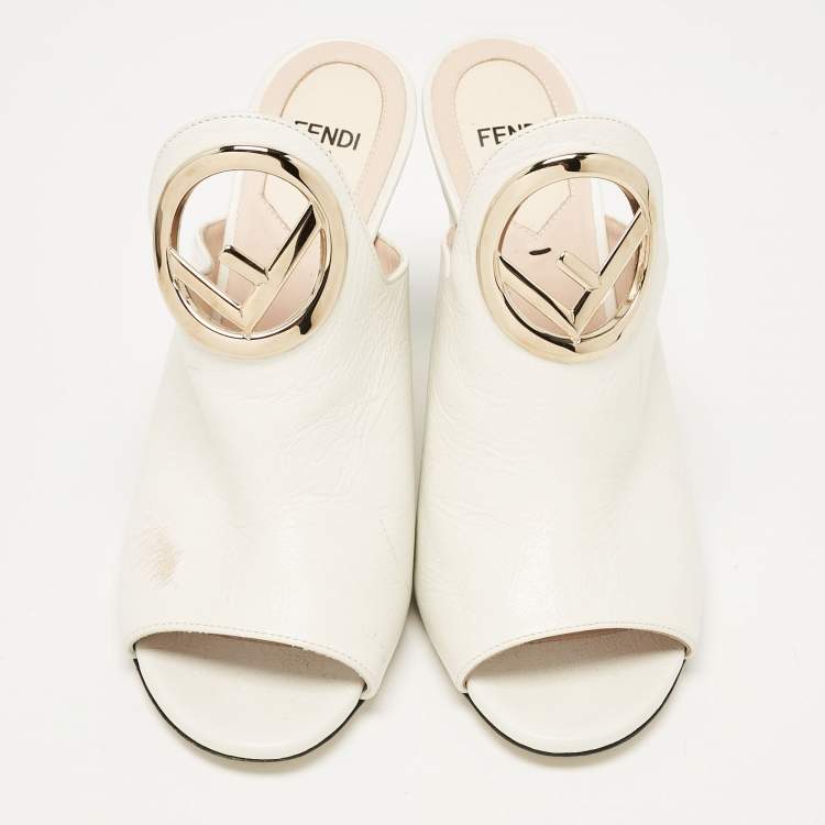 Pre Owned Fendi Off White Leather F Logo Mules Size 38
