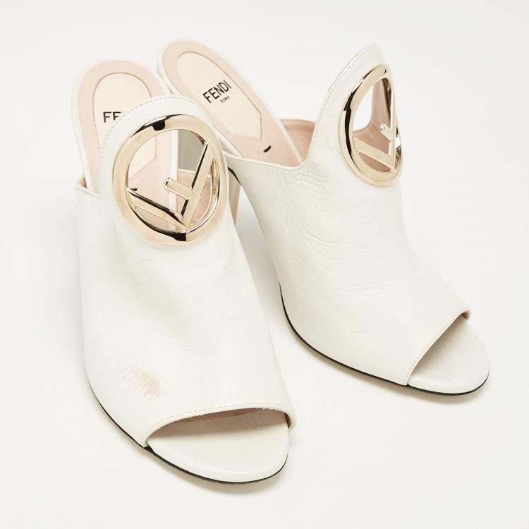 Pre Owned Fendi Off White Leather F Logo Mules Size 38