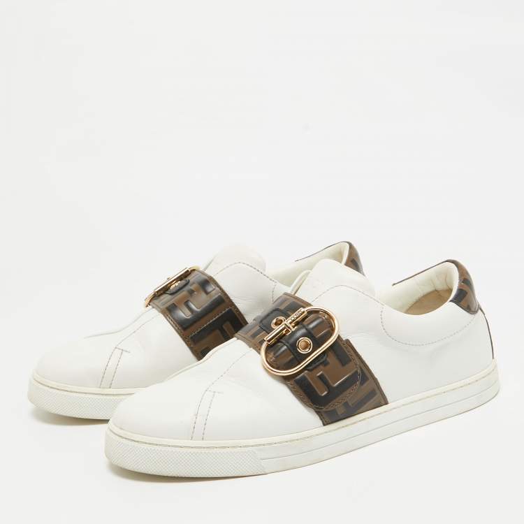 Pre Owned Fendi White/Brown  Leather Lace Up Sneakers Size 37.5