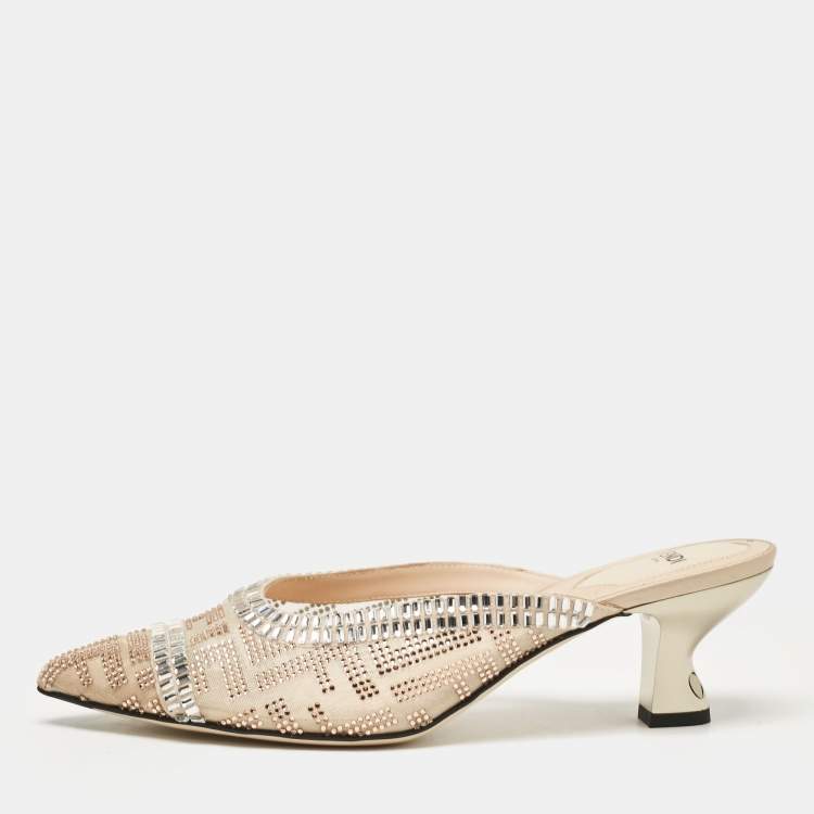 Pre Owned Fendi Beige Mesh Crystal Embellished Colibri Mules Size 38