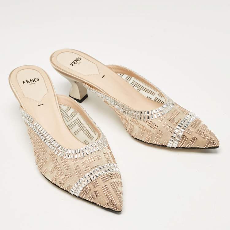 Pre Owned Fendi Beige Mesh Crystal Embellished Colibri Mules Size 38