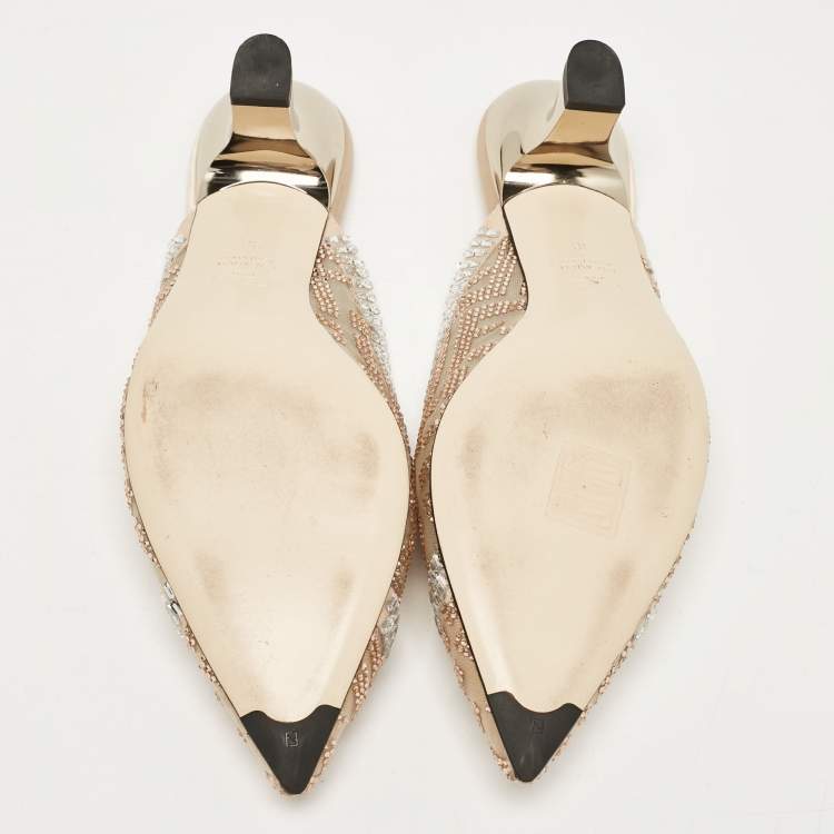 Pre Owned Fendi Beige Mesh Crystal Embellished Colibri Mules Size 38