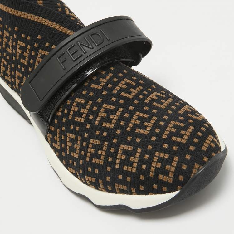 Pre Owned Fendi Black/Brown Zuchinno  Knit Fabric Rockoko Low Top Sneakers Size 39