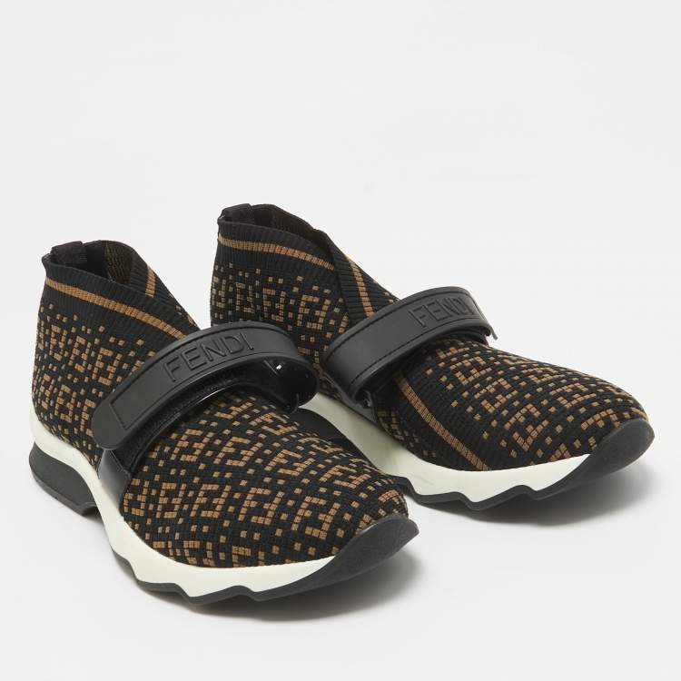 Pre Owned Fendi Black/Brown Zuchinno  Knit Fabric Rockoko Low Top Sneakers Size 39