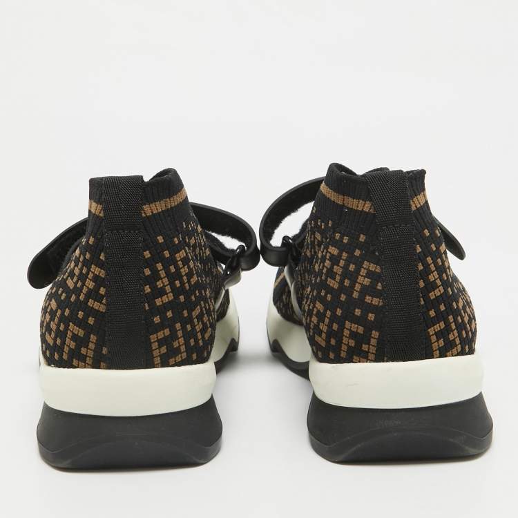 Pre Owned Fendi Black/Brown Zuchinno  Knit Fabric Rockoko Low Top Sneakers Size 39