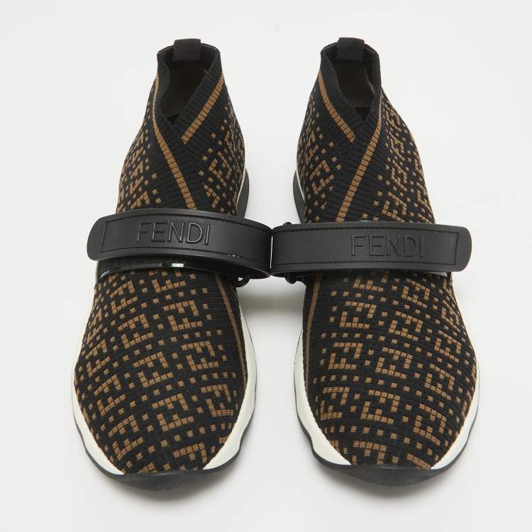 Pre Owned Fendi Black/Brown Zuchinno  Knit Fabric Rockoko Low Top Sneakers Size 39