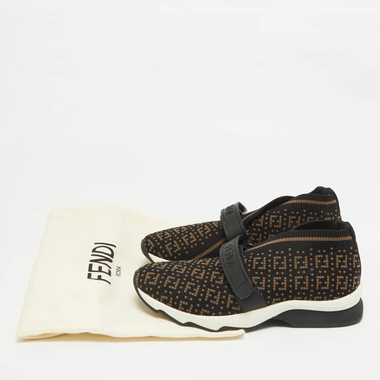 Pre Owned Fendi Black/Brown Zuchinno  Knit Fabric Rockoko Low Top Sneakers Size 39