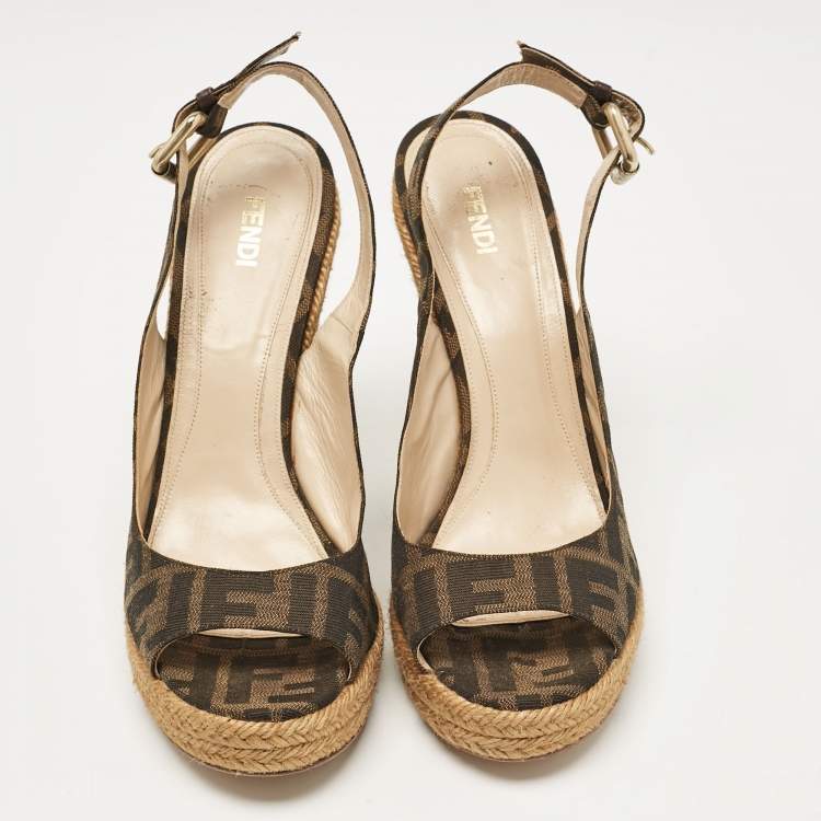 Pre Owned Fendi Tobacco Zucca Fabric Wedge Ankle Strap Sandals Size 40