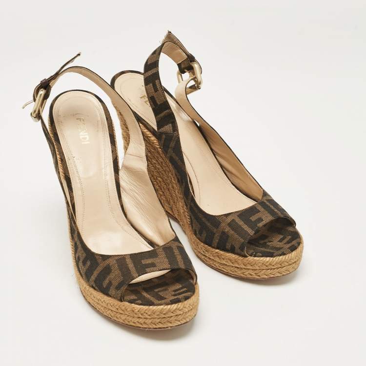 Pre Owned Fendi Tobacco Zucca Fabric Wedge Ankle Strap Sandals Size 40