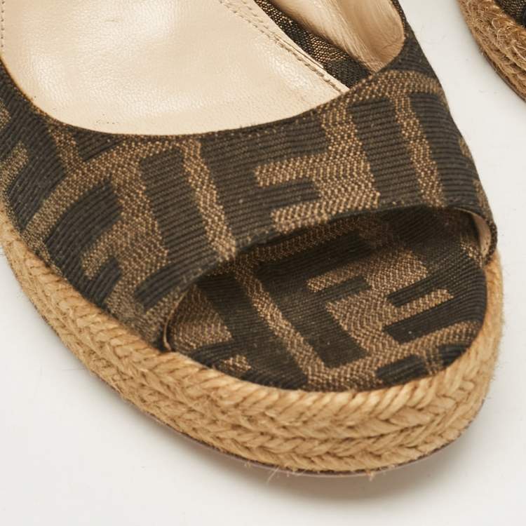 Pre Owned Fendi Tobacco Zucca Fabric Wedge Ankle Strap Sandals Size 40