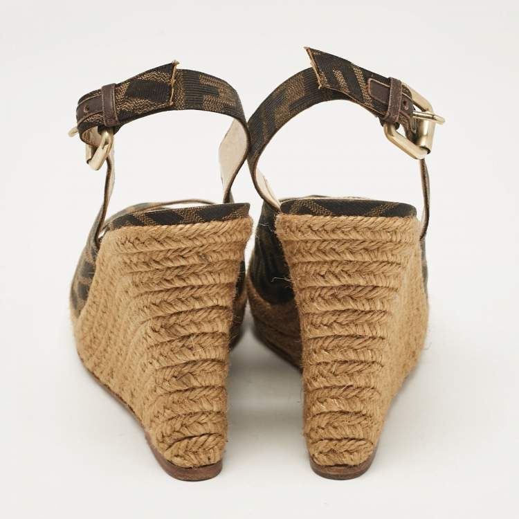 Pre Owned Fendi Tobacco Zucca Fabric Wedge Ankle Strap Sandals Size 40
