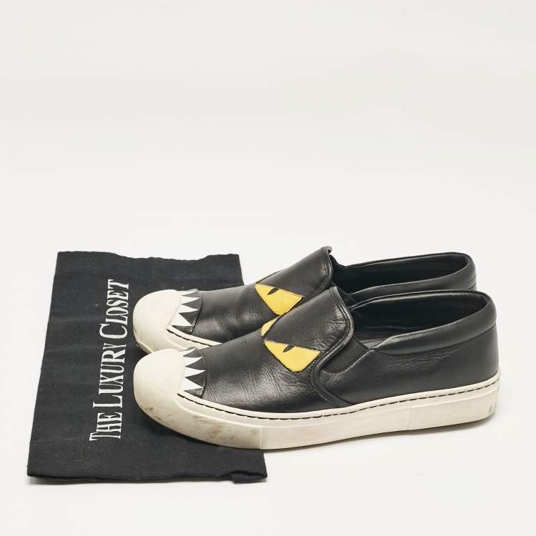 Pre Owned Fendi Black Leather Monster Slip On Sneakers 38.5
