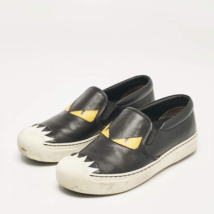 Pre Owned Fendi Black Leather Monster Slip On Sneakers 38.5