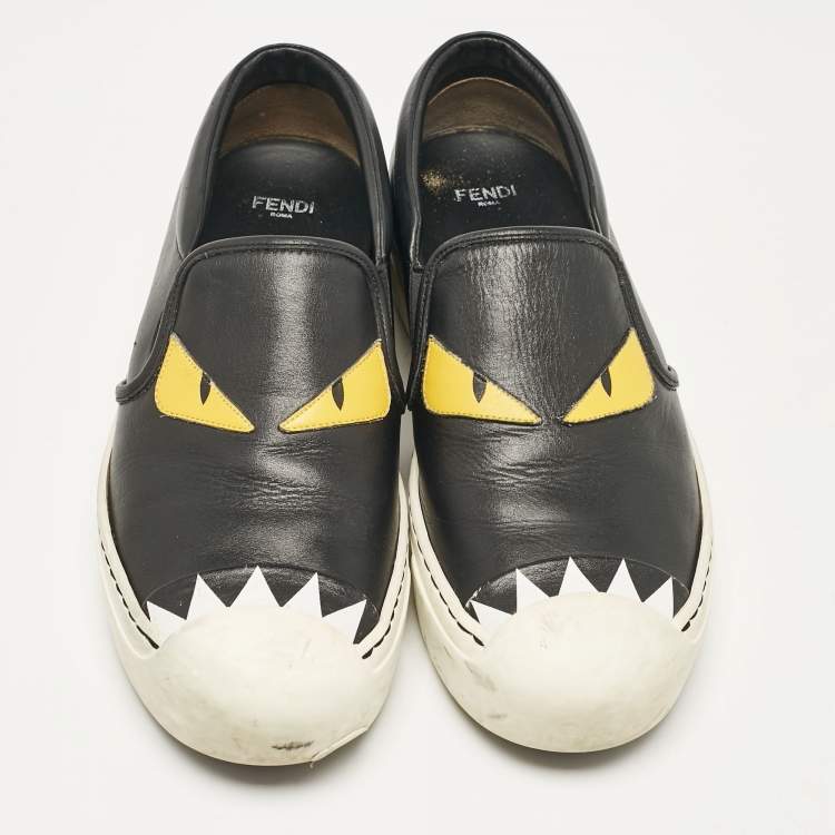 Pre Owned Fendi Black Leather Monster Slip On Sneakers 38.5