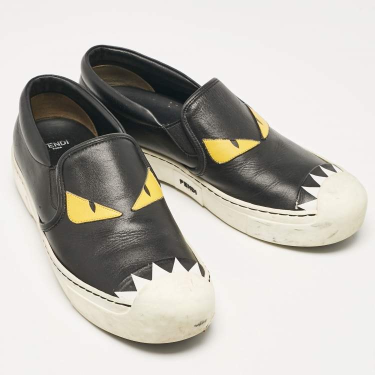 Pre Owned Fendi Black Leather Monster Slip On Sneakers 38.5
