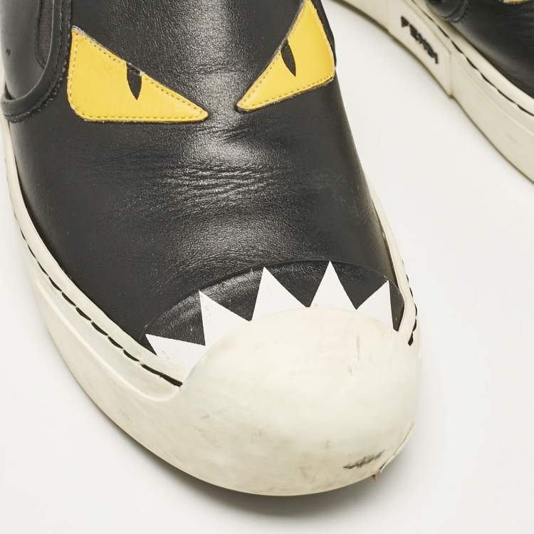 Pre Owned Fendi Black Leather Monster Slip On Sneakers 38.5