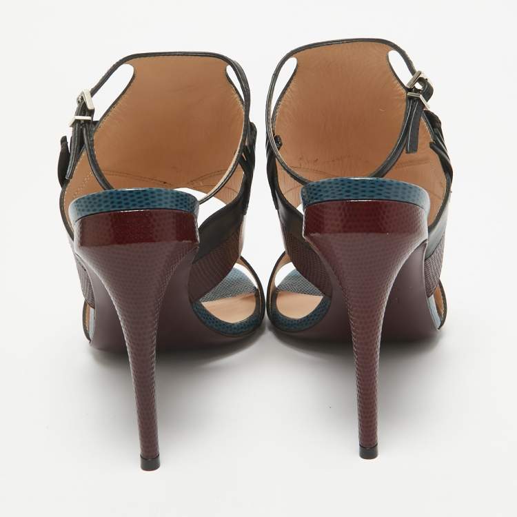 Pre Owned Fendi Multicolor Lizard Embossed and Leather Monster Bug Ankle Strap Sandals Size 39