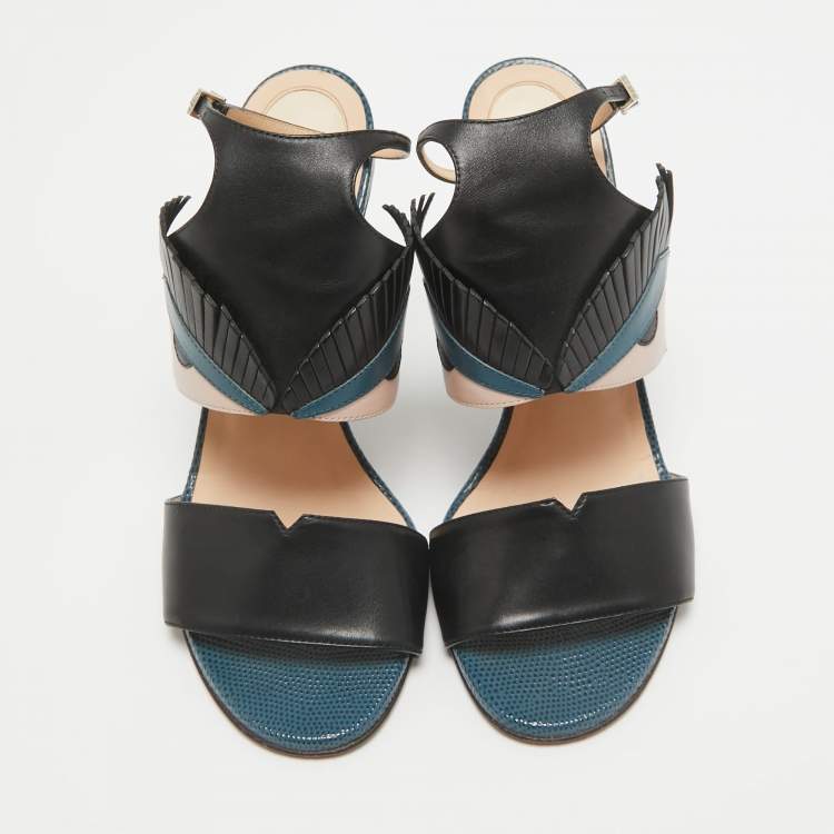 Pre Owned Fendi Multicolor Lizard Embossed and Leather Monster Bug Ankle Strap Sandals Size 39