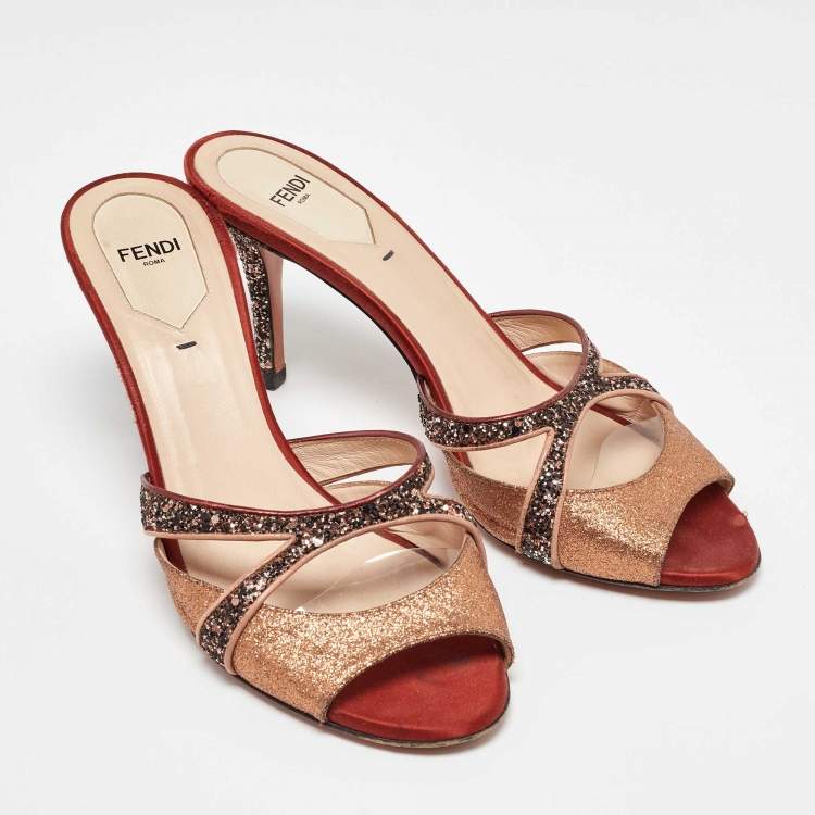 مملوكة مسبقًا Fendi Multicolor Metalic Leather and Glitter Slide Sandals Size 40