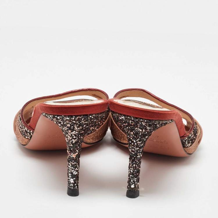 مملوكة مسبقًا Fendi Multicolor Metalic Leather and Glitter Slide Sandals Size 40