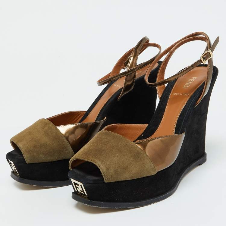 Pre Owned Fendi Brown Patent Leather and Suede Fendista Platform Wedge Sandals Size 40