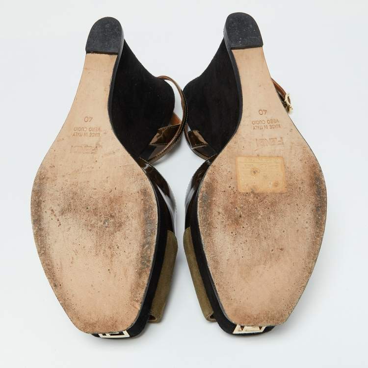 Pre Owned Fendi Brown Patent Leather and Suede Fendista Platform Wedge Sandals Size 40