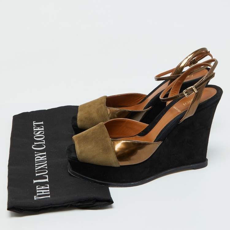 Pre Owned Fendi Brown Patent Leather and Suede Fendista Platform Wedge Sandals Size 40